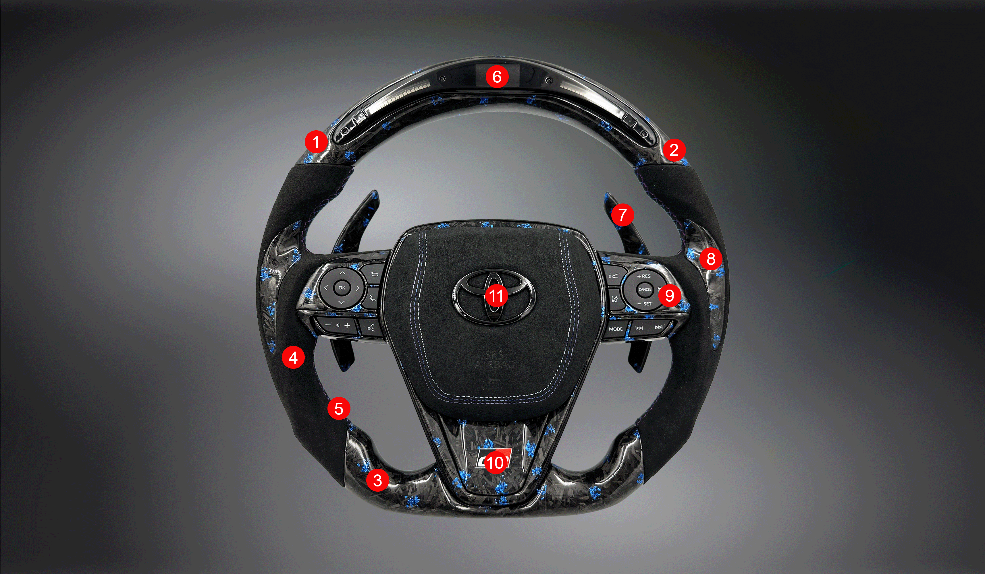 Design Your Own Steering Wheel Full spec modified forged carbon steering wheel with infused blue glitter, LED, hexagon tri colour stitching, forged carbon paddle shifts, forged carbon panel, forged carbon button frame, forged carbon side grip inserts, Alcantara side grip and Alcantara horn cover.